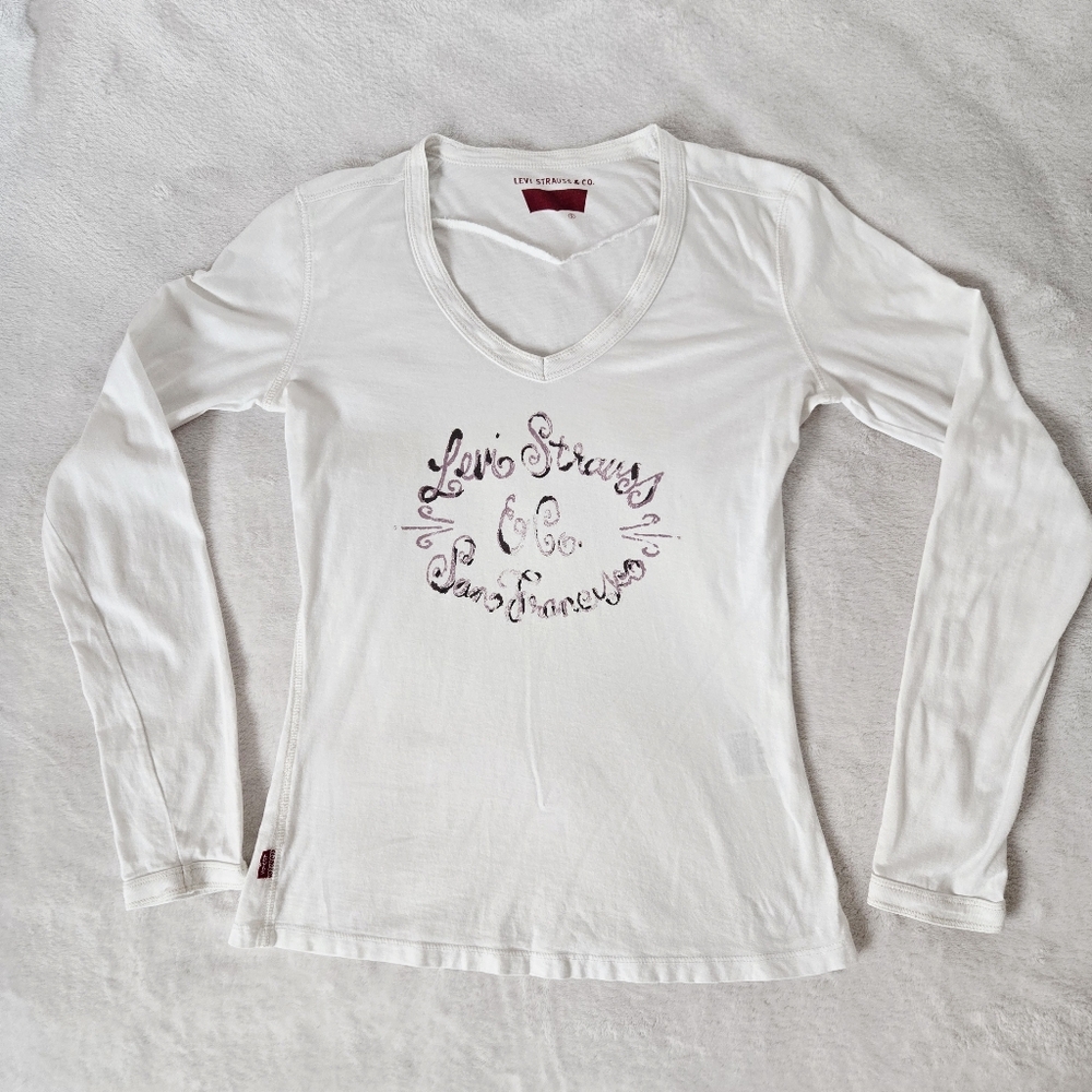 Levi Strauss & Co Women’s Long Sleeve V-Neck Tee White San Francisco Logo Top S